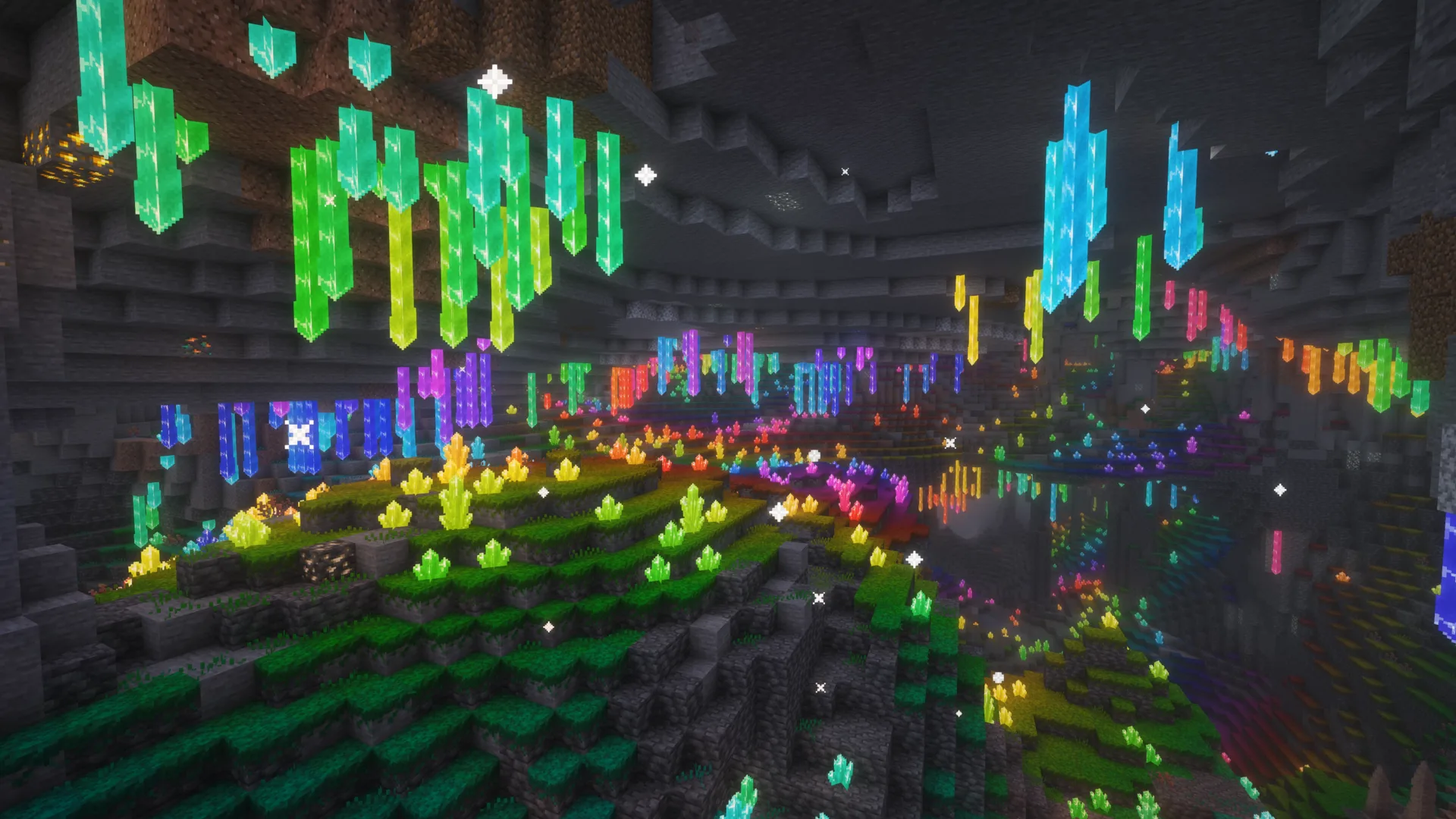 A vast underground cavern filled with colorful glowing crystals