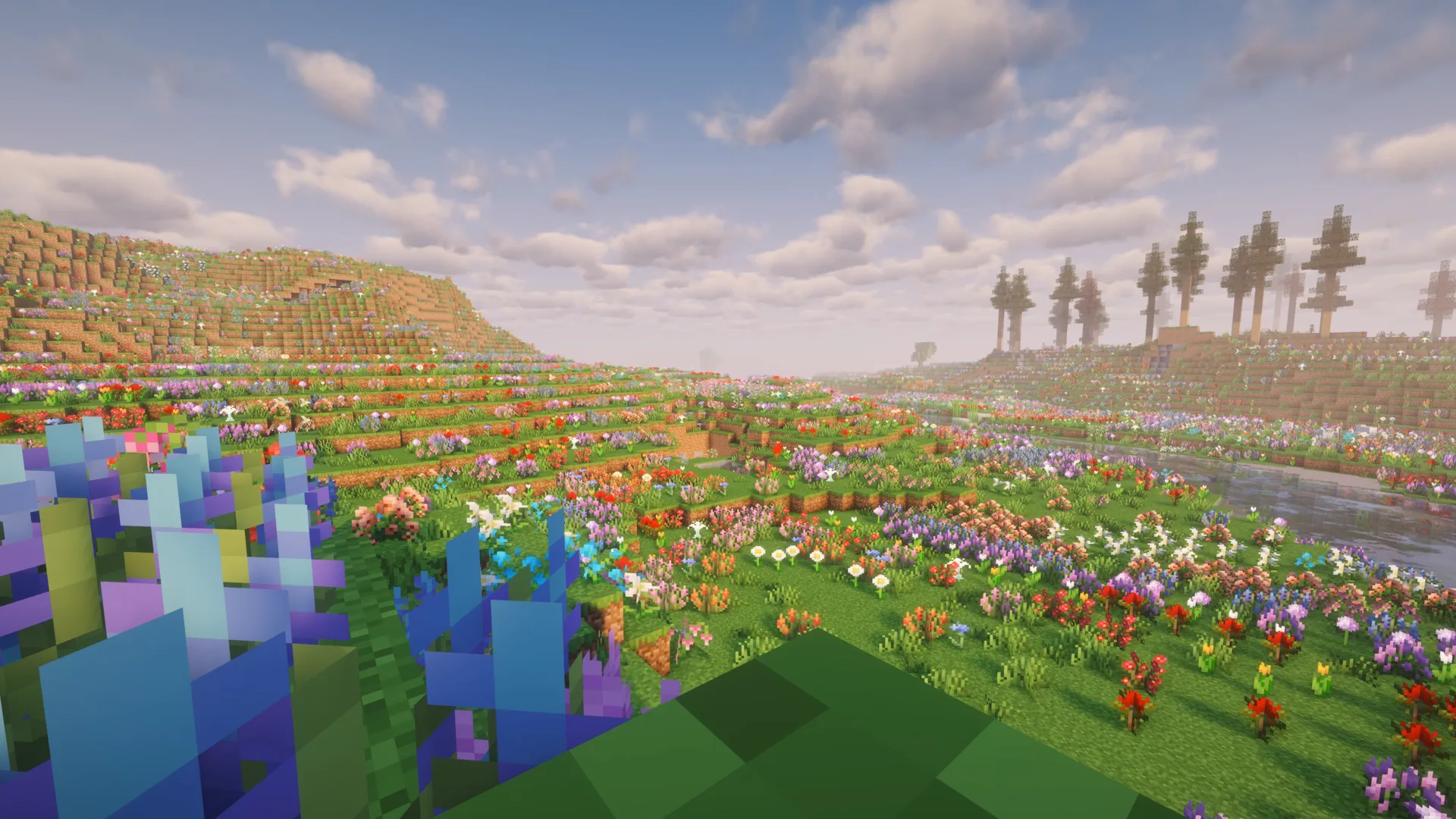 A huge flower-filled landscape under a bright sky