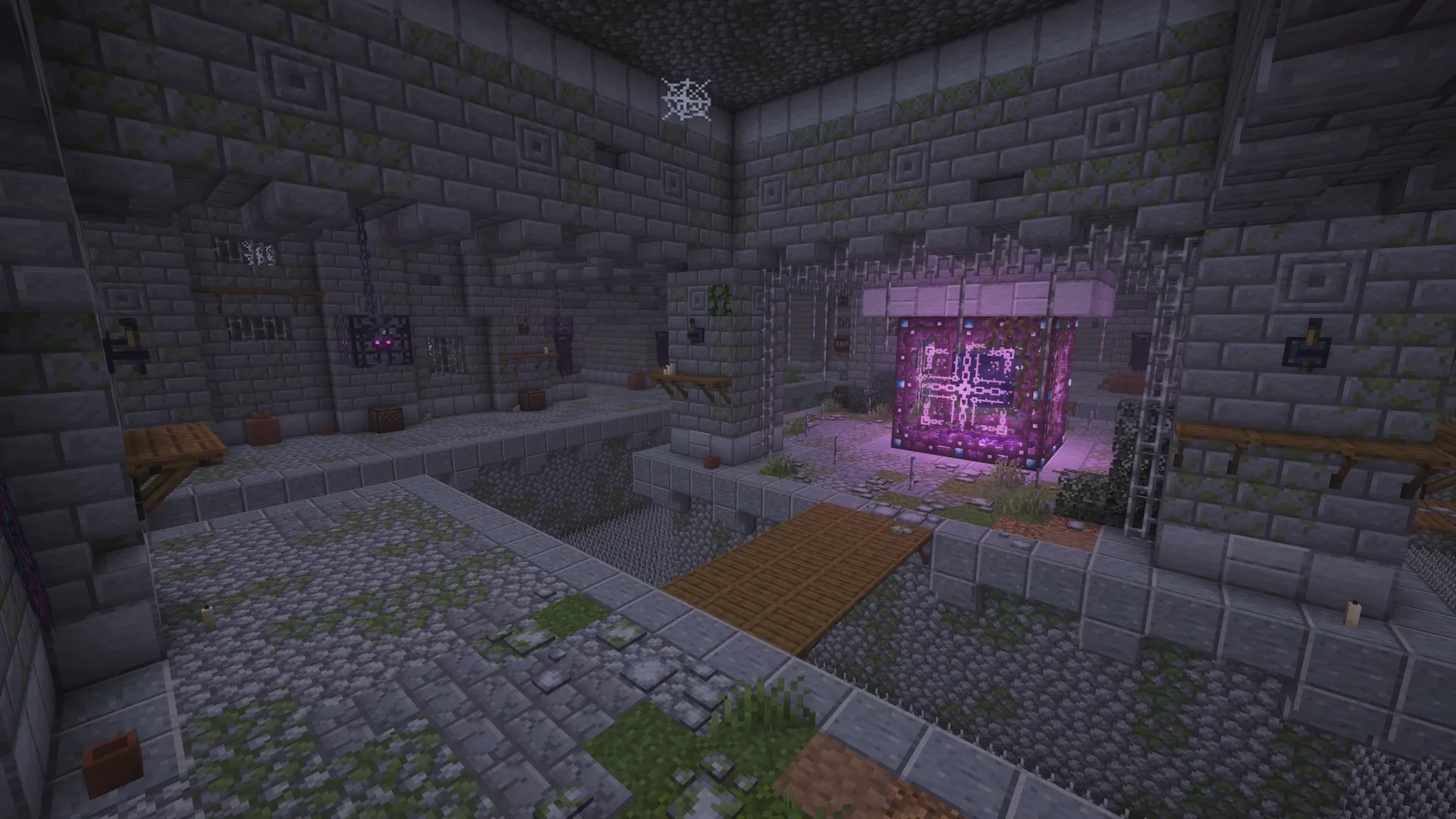An ancient stone dungeon chamber with a glowing purple structure